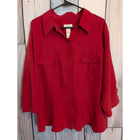 Plus Size Red 100% Silk Liz Claiborne Long Sleeve Button up Size 2X Quiet Luxury - Picture 1 of 4